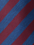 Belmont Burgundy Blue Stripe Necktie - knotted view, burgundy and blue stripe - OTAA