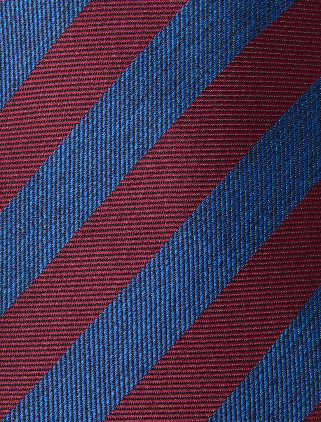 Belmont Burgundy Blue Stripe Necktie - knotted view, burgundy and blue stripe - OTAA