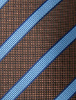 Bluebell Brown Stripe Necktie - knotted view, blue and brown stripe - OTAA