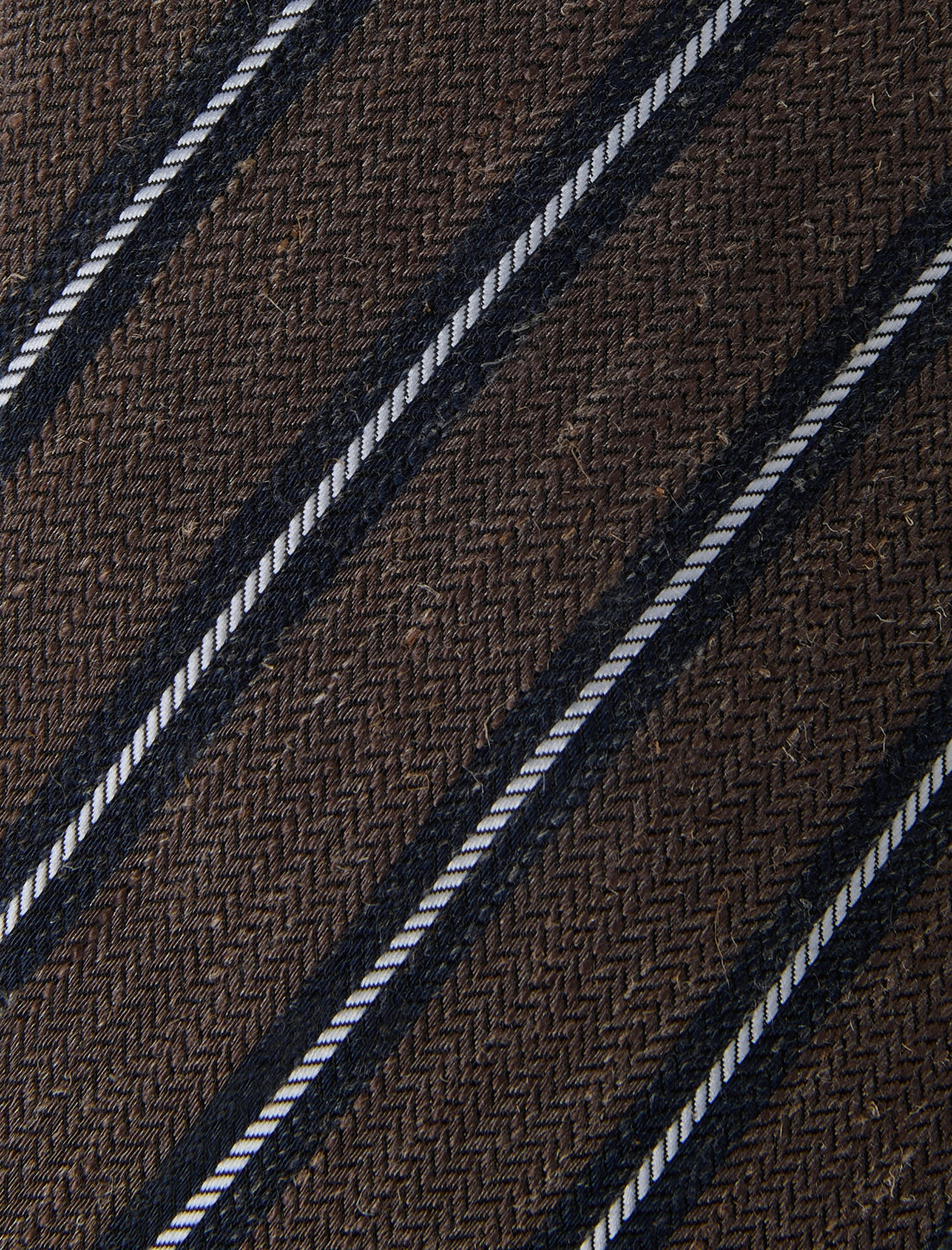 Ledgerton Stripe Necktie - knotted view, brown navy stripe linen - OTAA