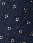 Ink and White Foulard Linen Necktie - knotted view, navy white foulard linen - OTAA