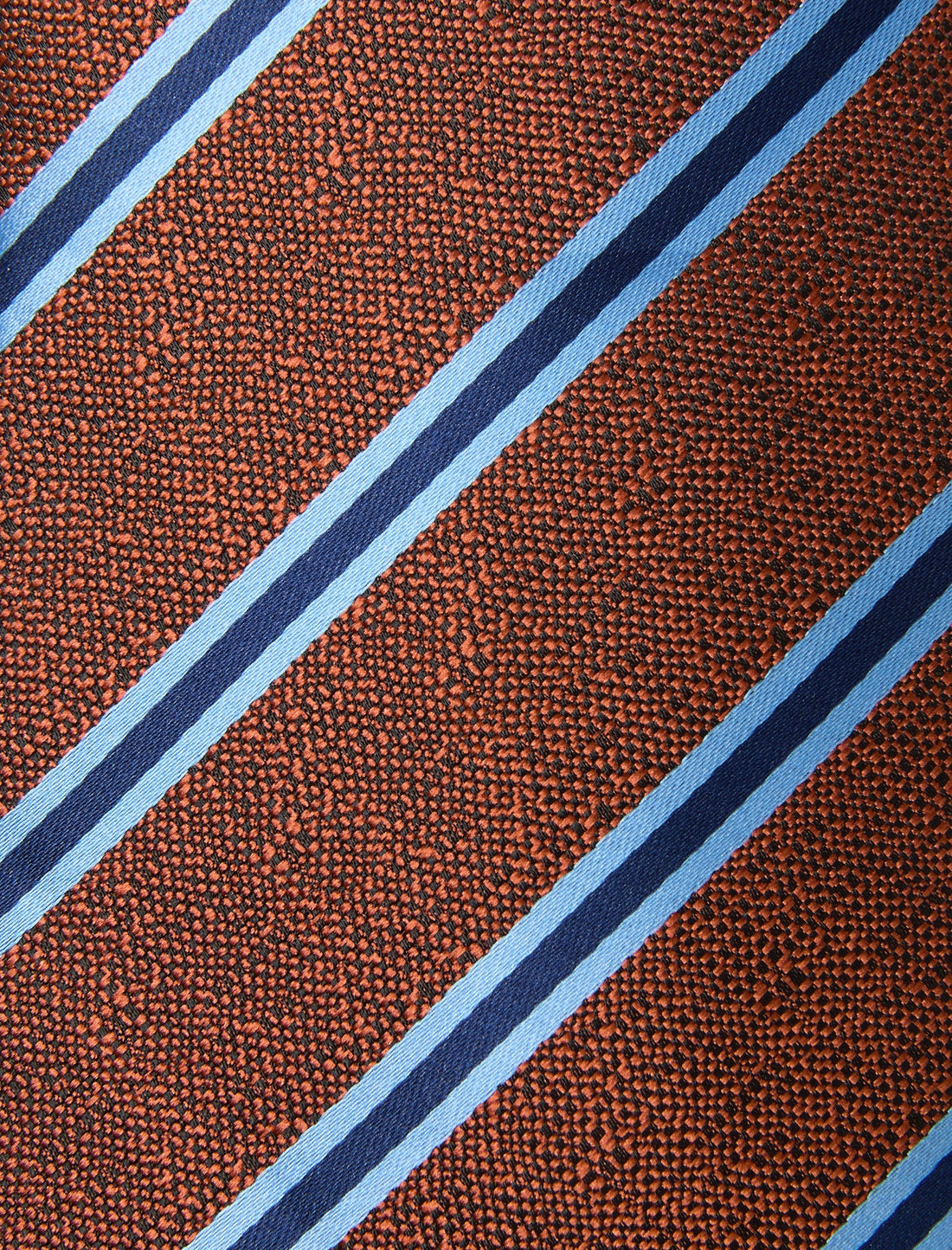 Cocoa Blue Stripe Necktie - knotted view, brown and blue stripe - OTAA
