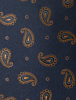 Burnham Drift Paisley Necktie - knotted view, navy and brown paisley - OTAA