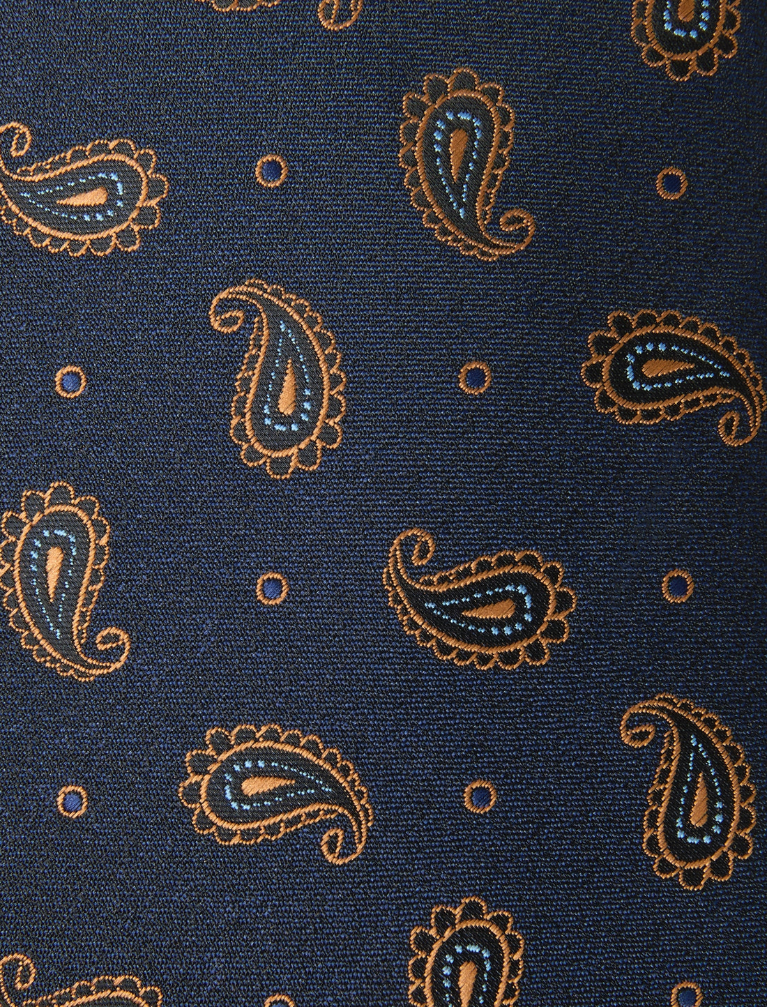 Burnham Drift Paisley Necktie - knotted view, navy and brown paisley - OTAA