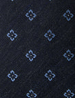 Admiralty Foulard Necktie - knotted view, navy foulard linen - OTAA