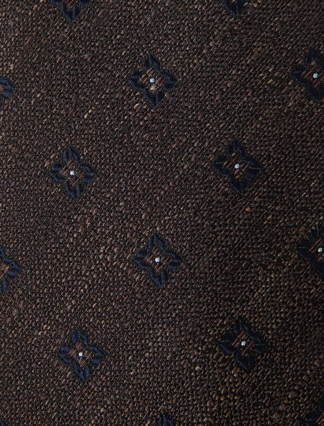 Darkwood Medallion Necktie - knotted view, navy medallion linen - OTAA