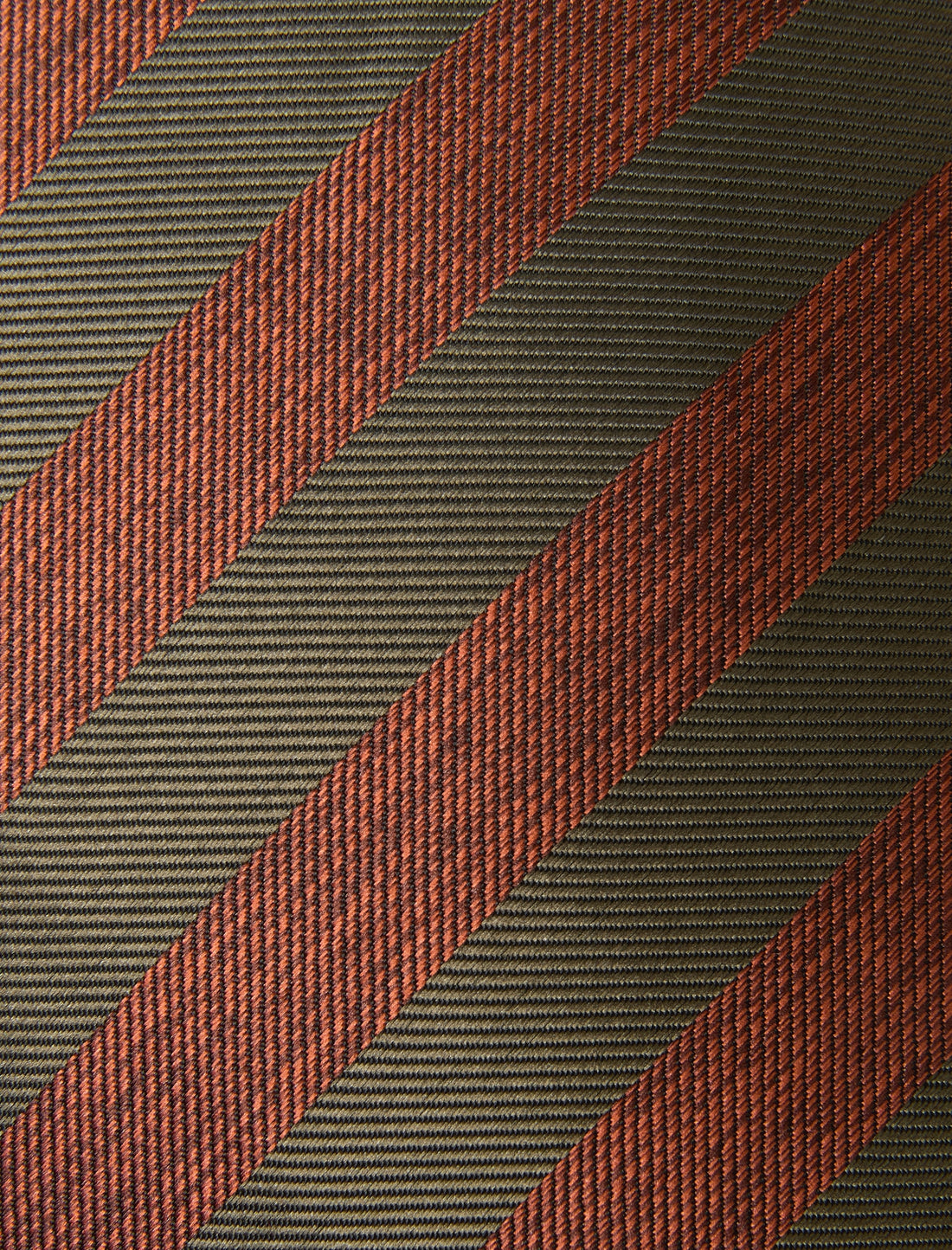 Elm Olive Brown Stripe Necktie - knotted view, olive and brown stripe - OTAA