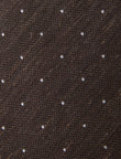 Walnut Pin Spot Necktie - knotted view, brown white pin spot linen - OTAA