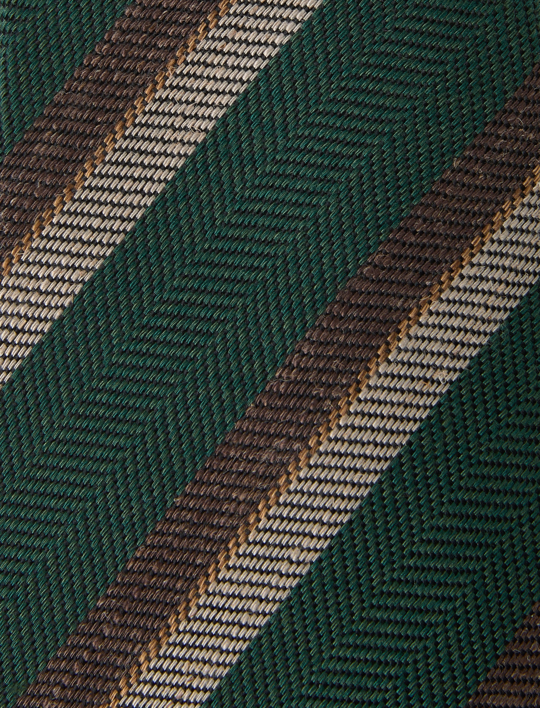 Gamekeepers Stripe Necktie - knotted view, green brown stripe linen - OTAA