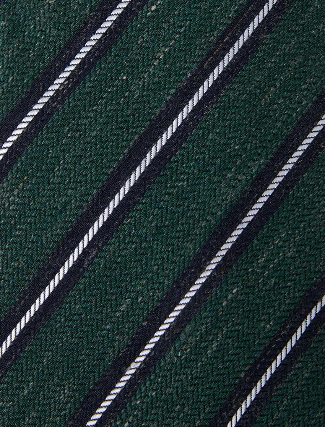 Bottle Green Stripe Linen Necktie - knotted view, green navy stripe linen - OTAA