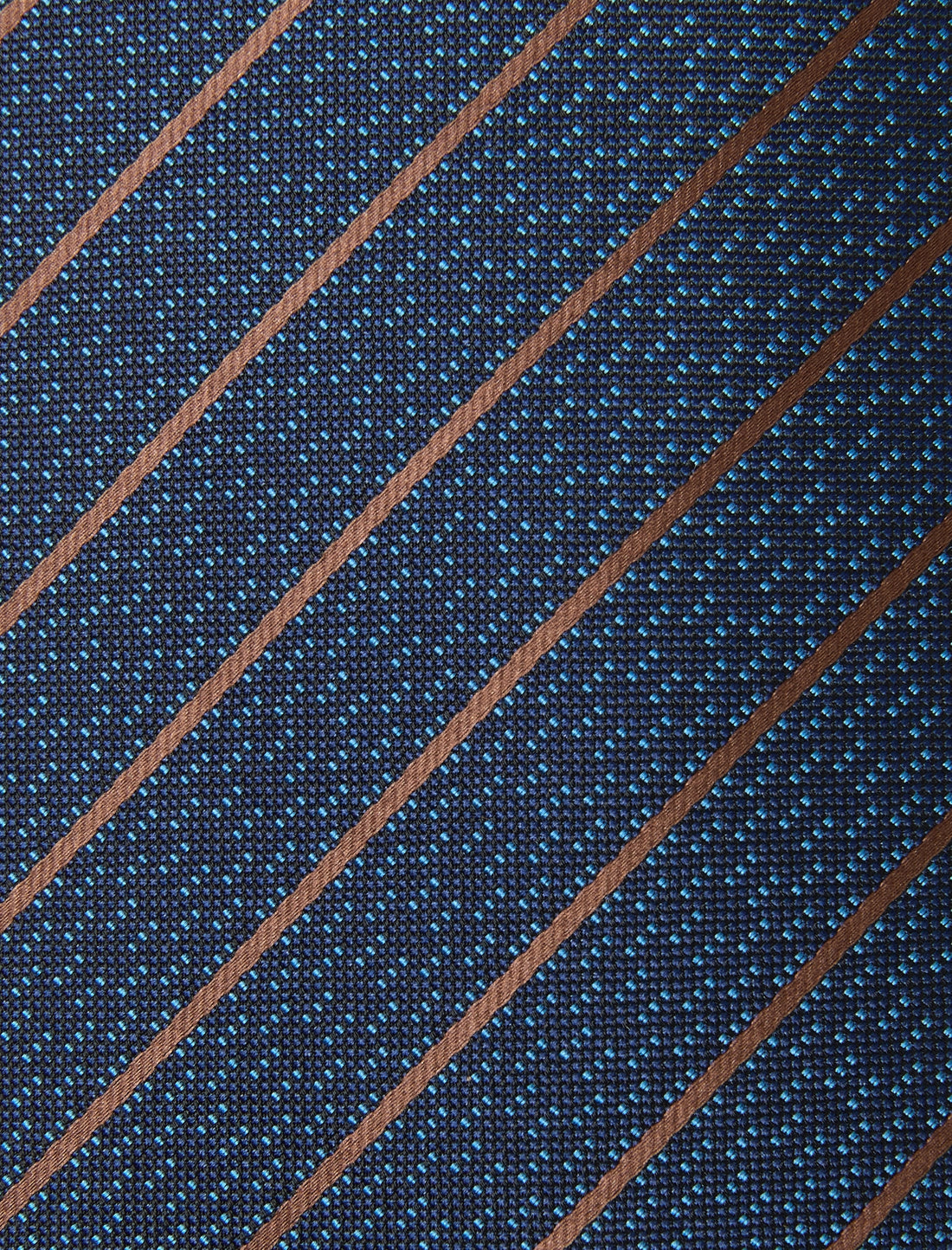 Wharfedale Stripe Necktie - knotted view, brown and navy stripe - OTAA