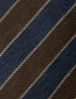 Copperfield Court Stripe Necktie - knotted view, brown navy stripe linen - OTAA