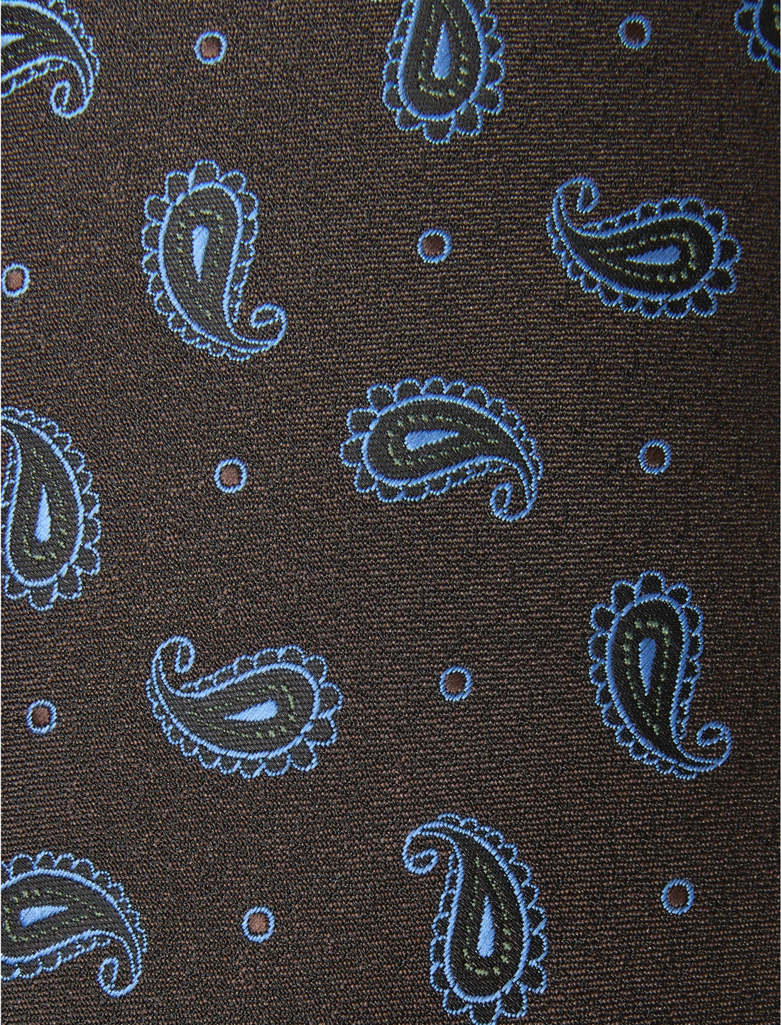 Bracken Paisley Necktie - knotted view, brown and blue paisley - OTAA
