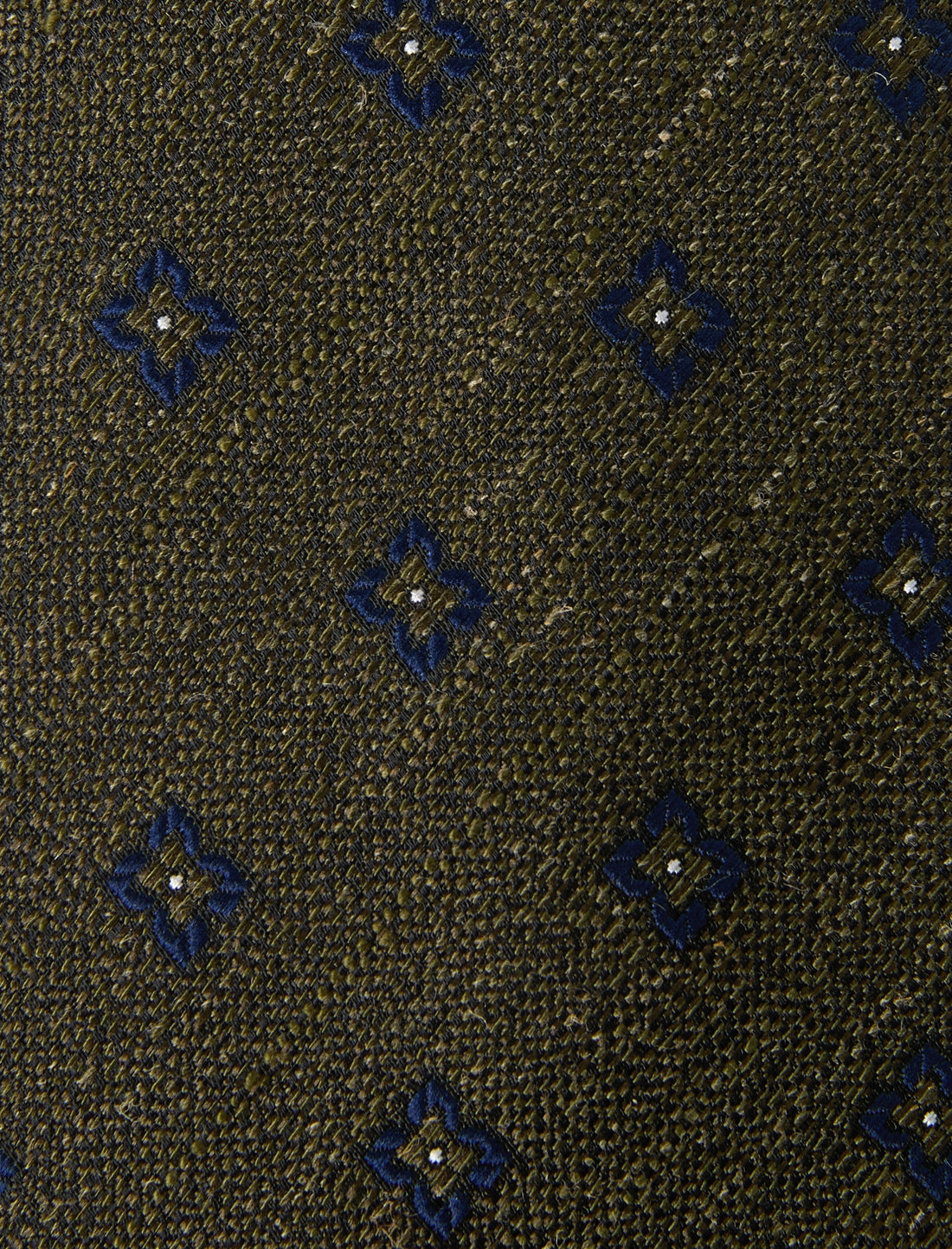 Moorfield Olive Linen Necktie - knotted view, olive blue spot linen - OTAA