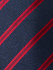 Red Navy Rosewood Stripe Necktie - knotted view, navy and red stripe - OTAA