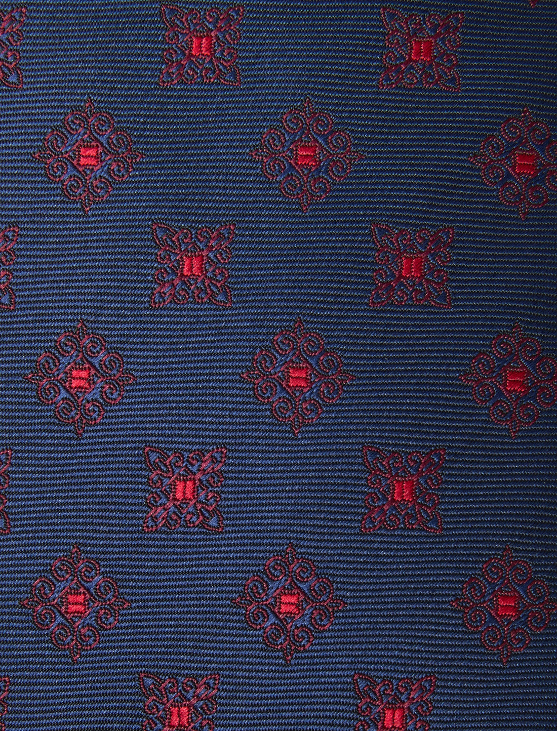 Roseport Crimson Navy Necktie - knotted view, navy and red floral - OTAA