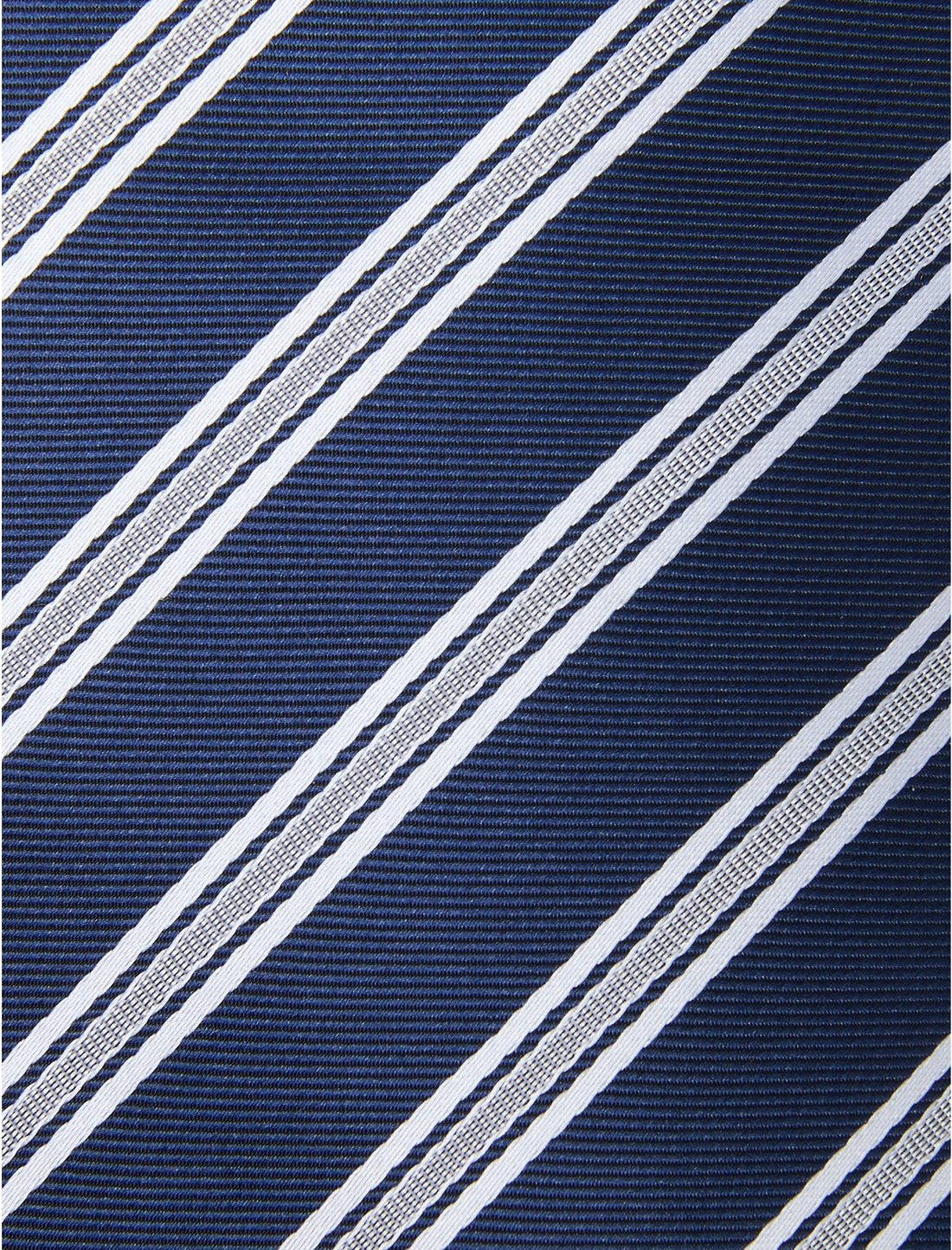 Bannister Yardline Stripe Necktie - knotted view, navy and grey stripe - OTAA