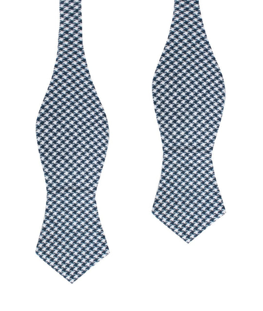 Blue Houndstooth Raw Linen Diamond Self Bow Tie