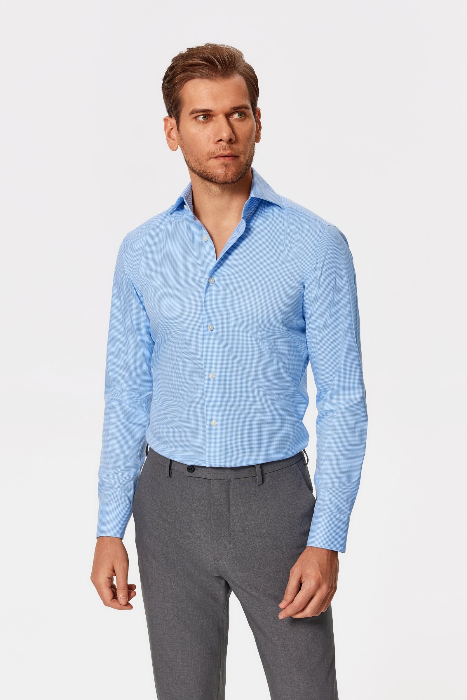 Gekko Gingham Blue Twill Non-Iron Shirt | OTAA