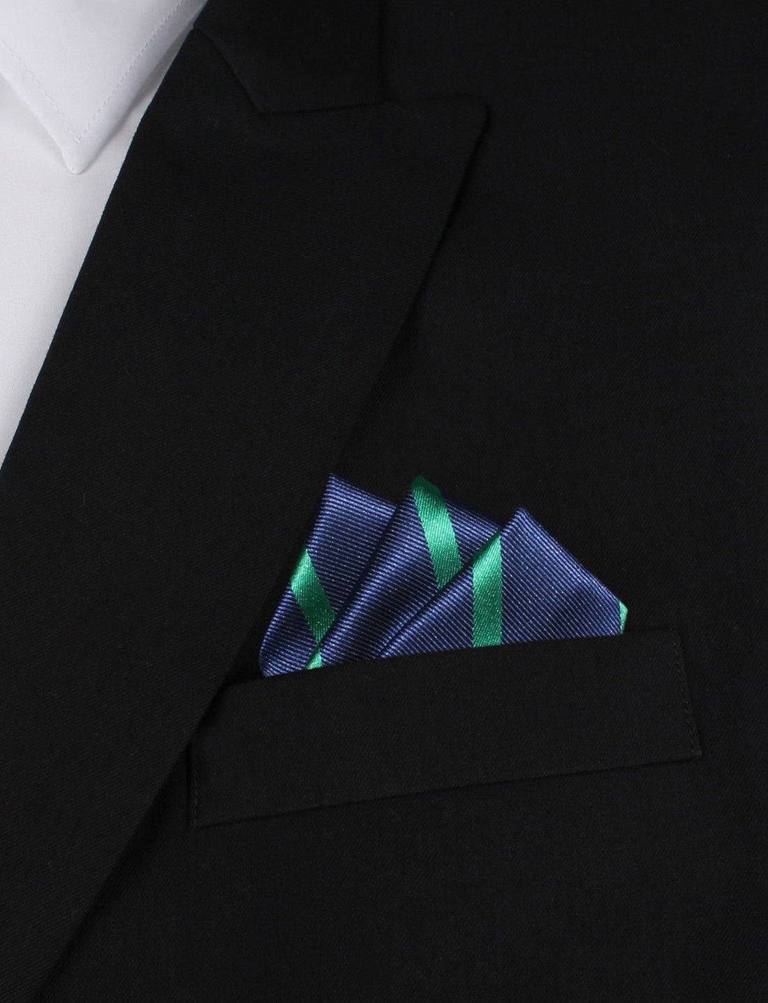 Navy Blue with Green Stripes Oxygen Three Point Pocket Square Fold