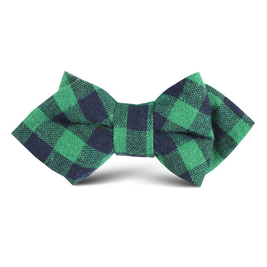 Raw Green Gingham Linen Kids Diamond Bow Tie