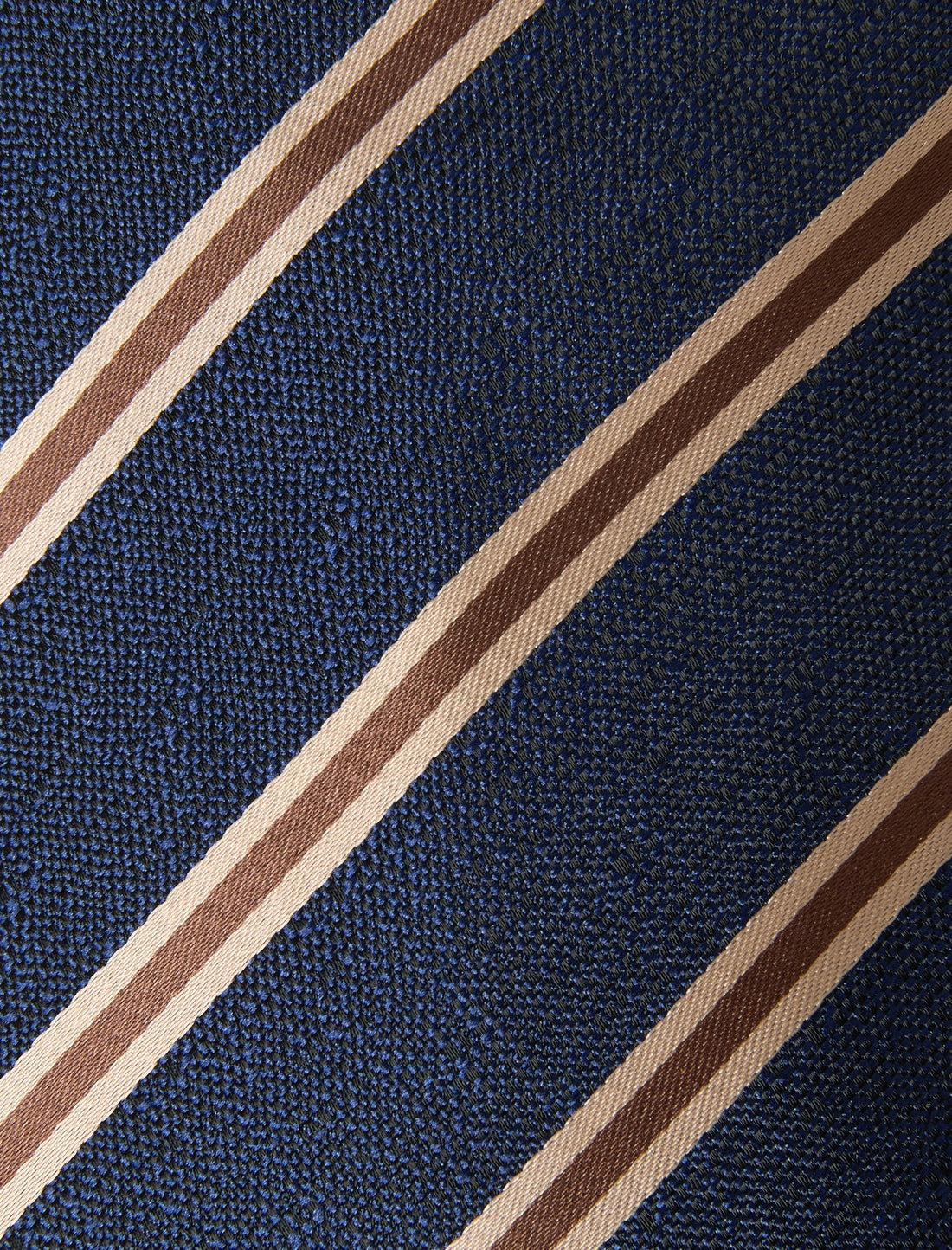 Saxonvale Stripe Necktie - knotted view, brown and navy stripe - OTAA