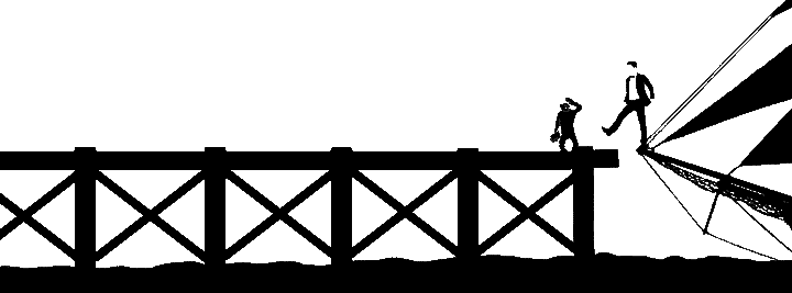 Otaa stepping off of a sinking ship onto a dock where monkey is greeting him.