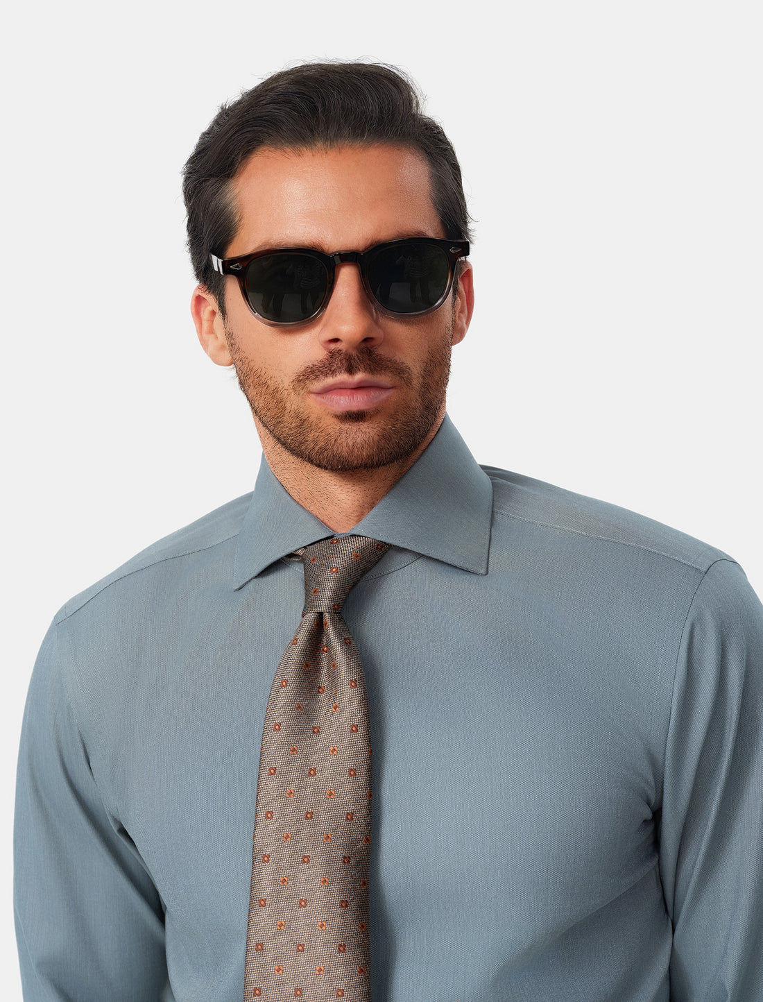 Sherwood Sage Easy-Iron Twill Shirt - sage green classic fit, worn view - OTAA