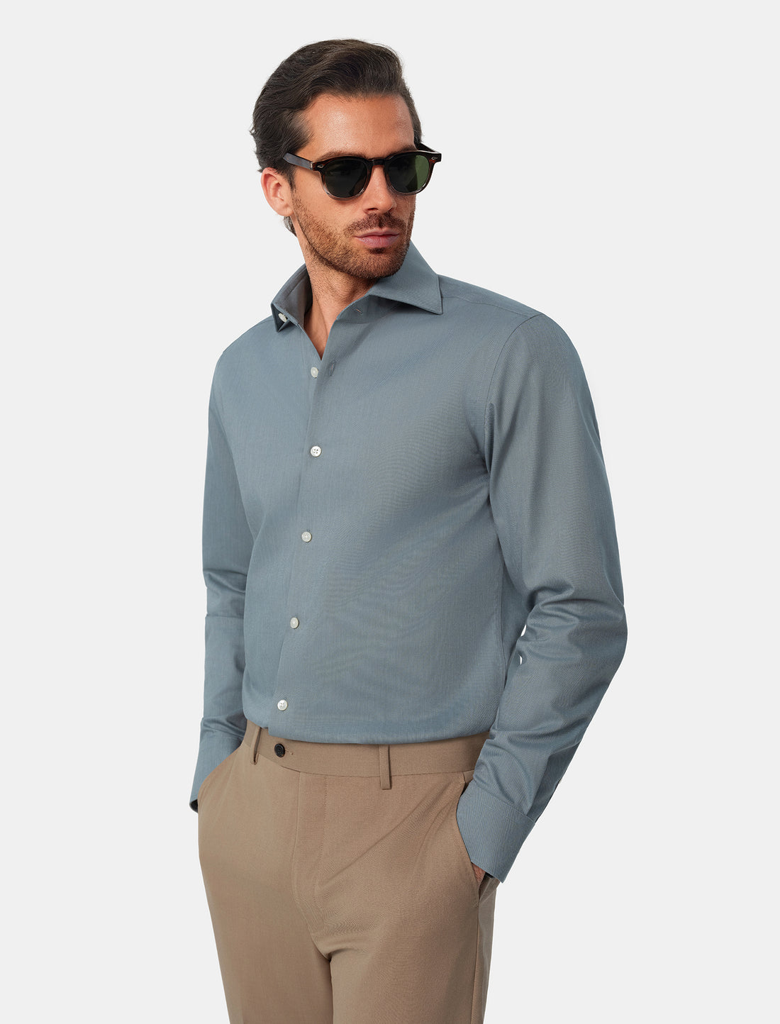 Sherwood Sage Easy-Iron Twill Shirt - sage green twill styled detail - OTAA