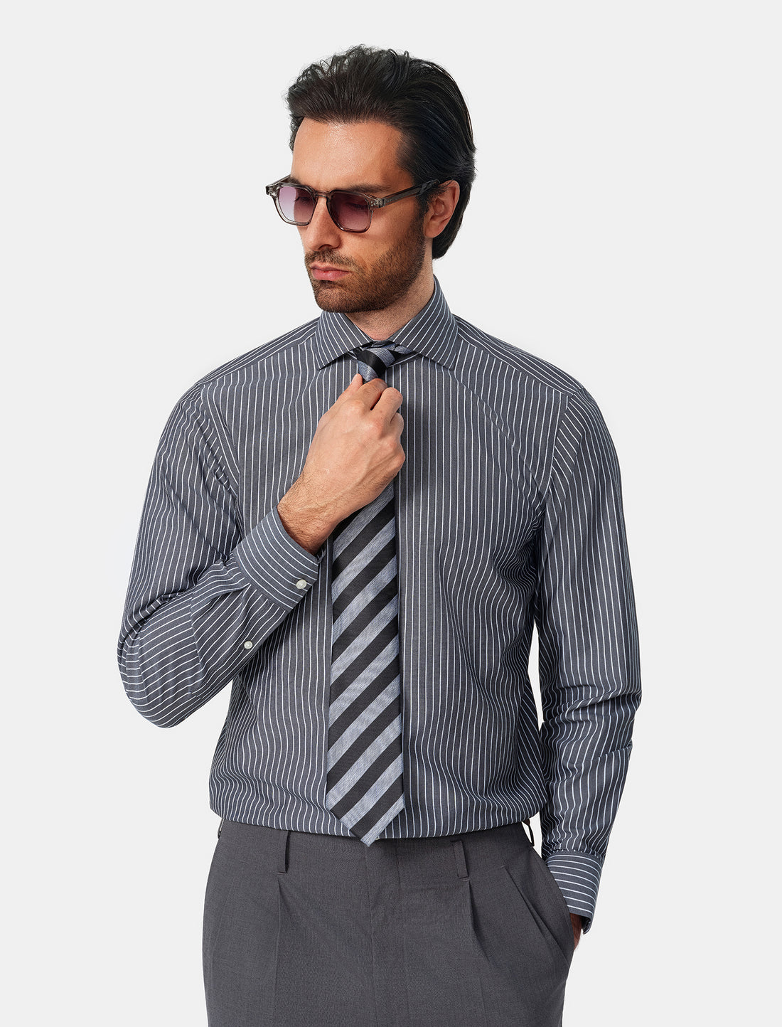 Marlowe Ivory Stripe Non-Iron Poplin Shirt - model detail, ivory stripe poplin - OTAA