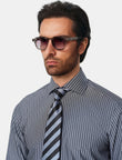 Marlowe Ivory Stripe Non-Iron Poplin Shirt - styled on model, ivory and black stripe - OTAA