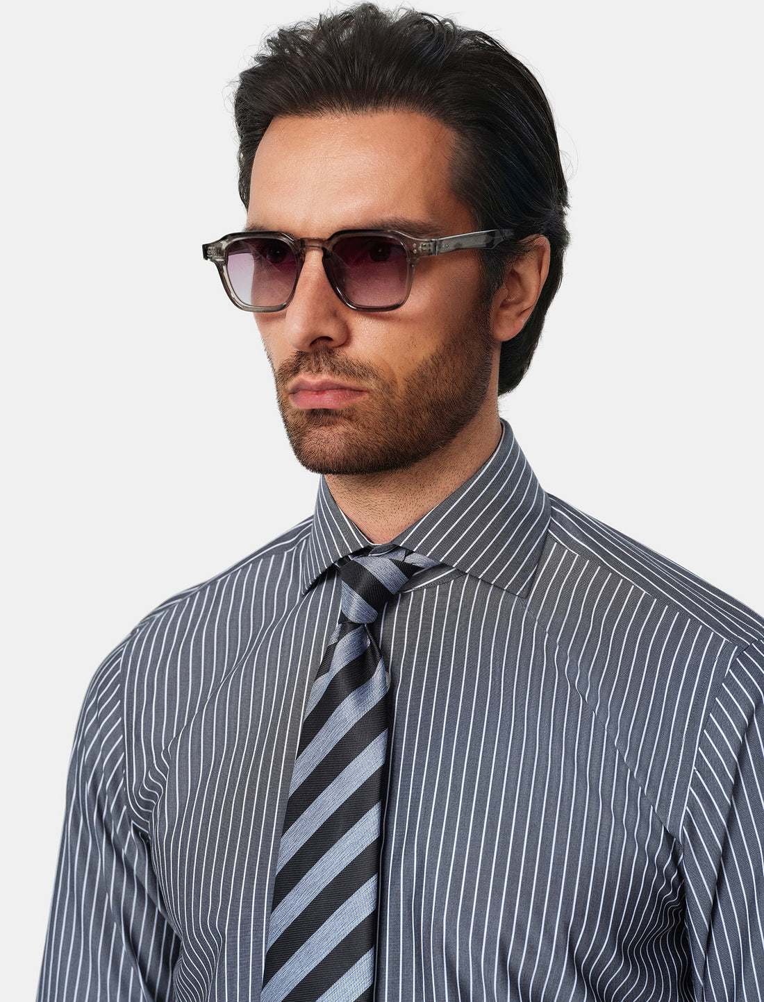 Marlowe Ivory Stripe Non-Iron Poplin Shirt - styled on model, ivory and black stripe - OTAA