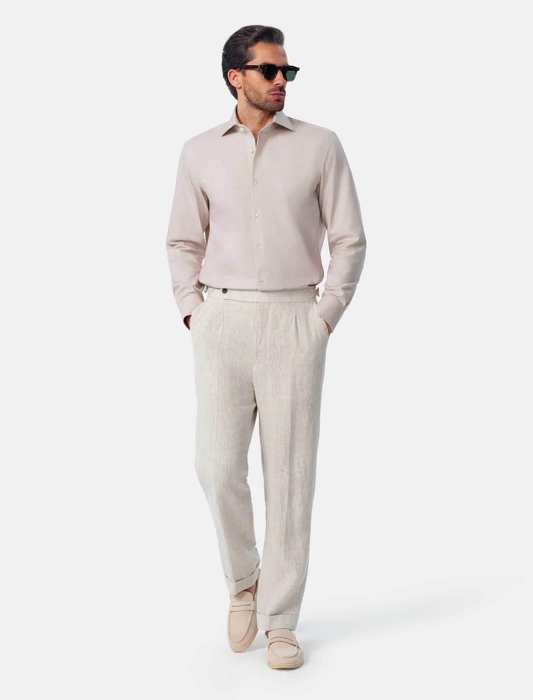 Hawthorne Khaki Easy-Iron Twill Shirt - khaki classic fit, worn view - OTAA