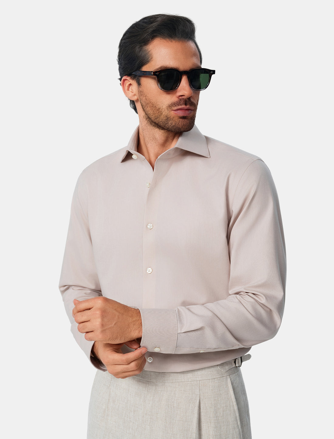 Hawthorne Khaki Easy-Iron Twill Shirt - khaki twill worn detail - OTAA