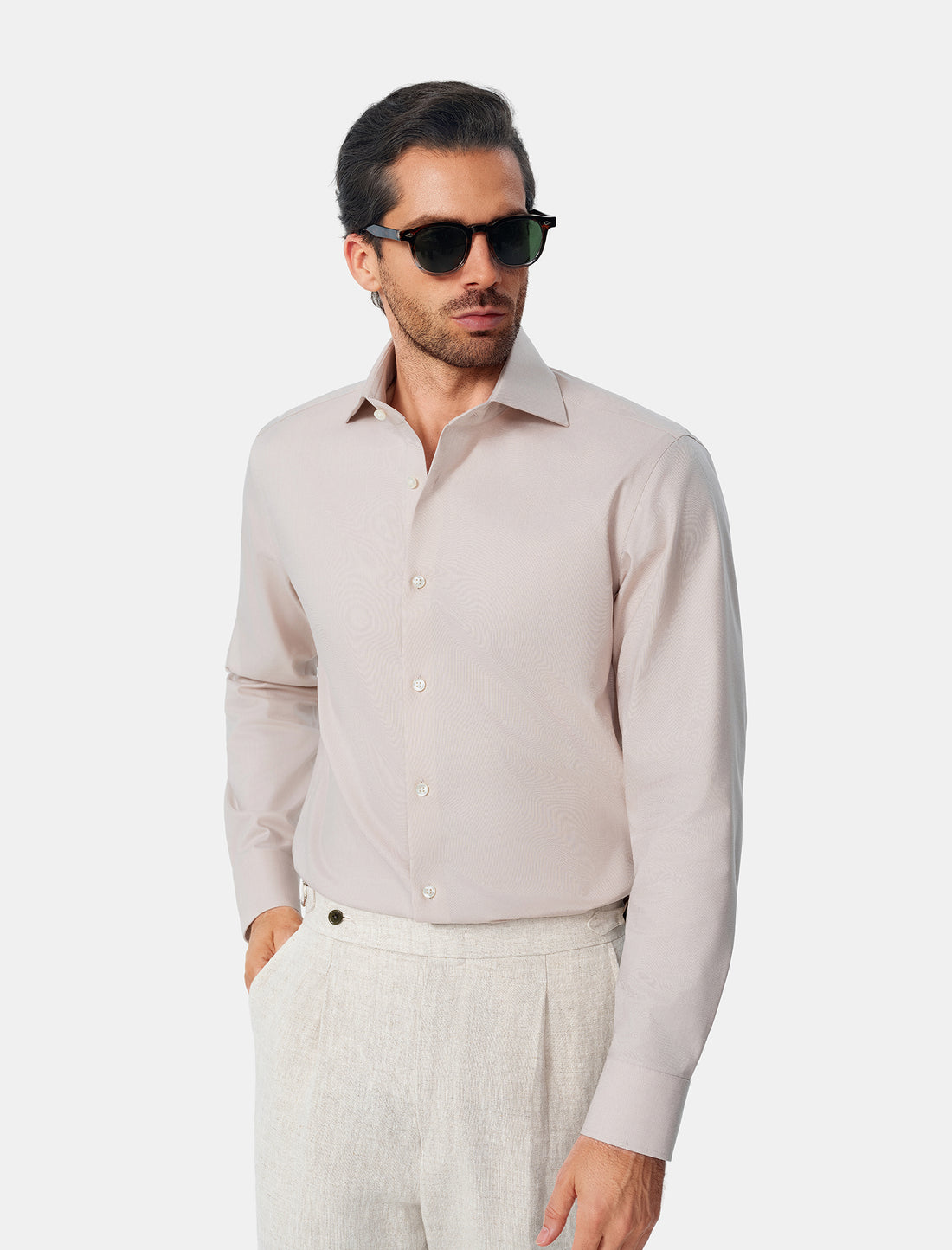 Hawthorne Khaki Easy-Iron Twill Shirt - khaki classic fit outfit view - OTAA