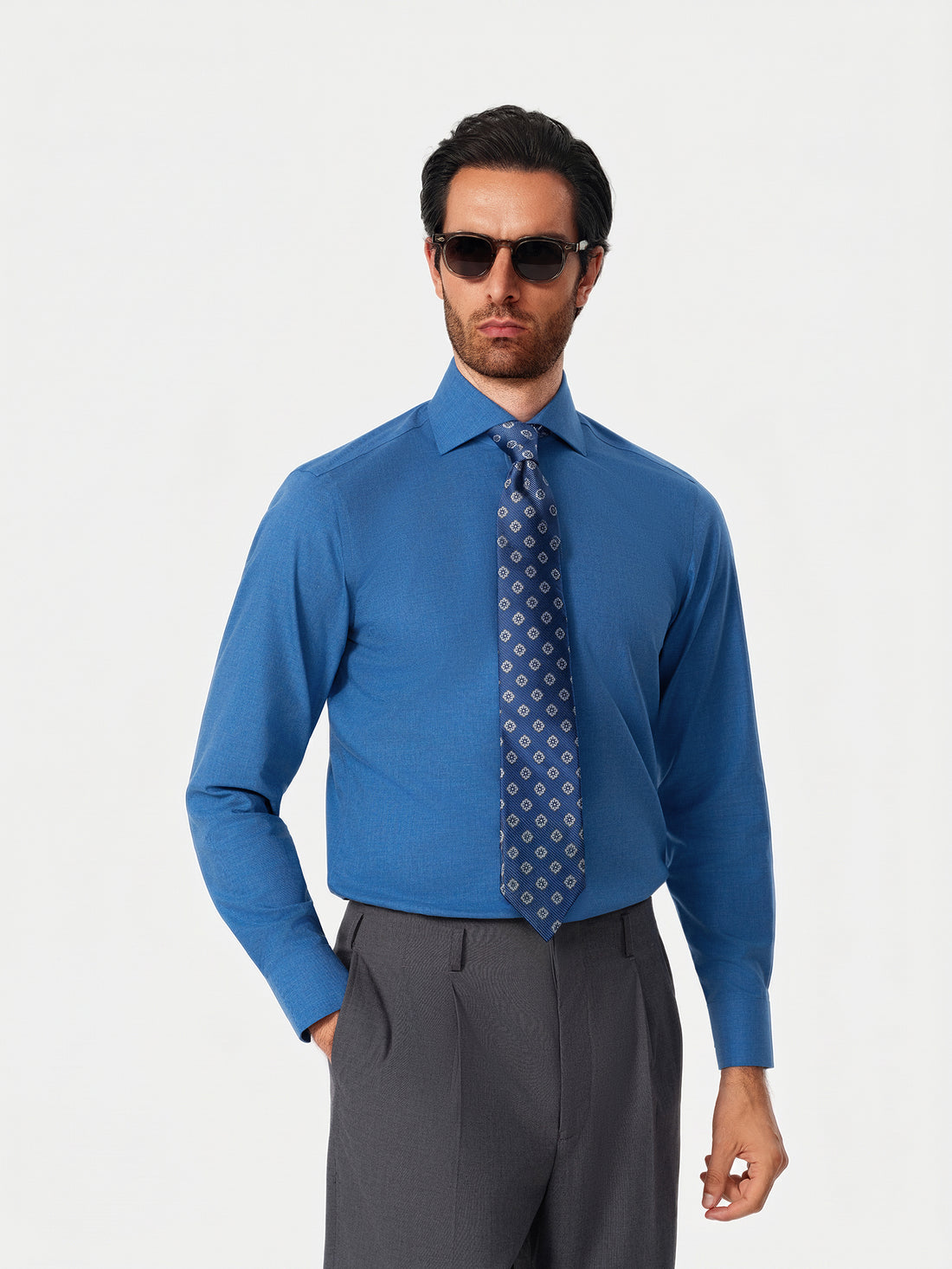 Bellamy Cornflower Heather Easy-Iron Twill Shirt - cornflower blue styled outfit - OTAA