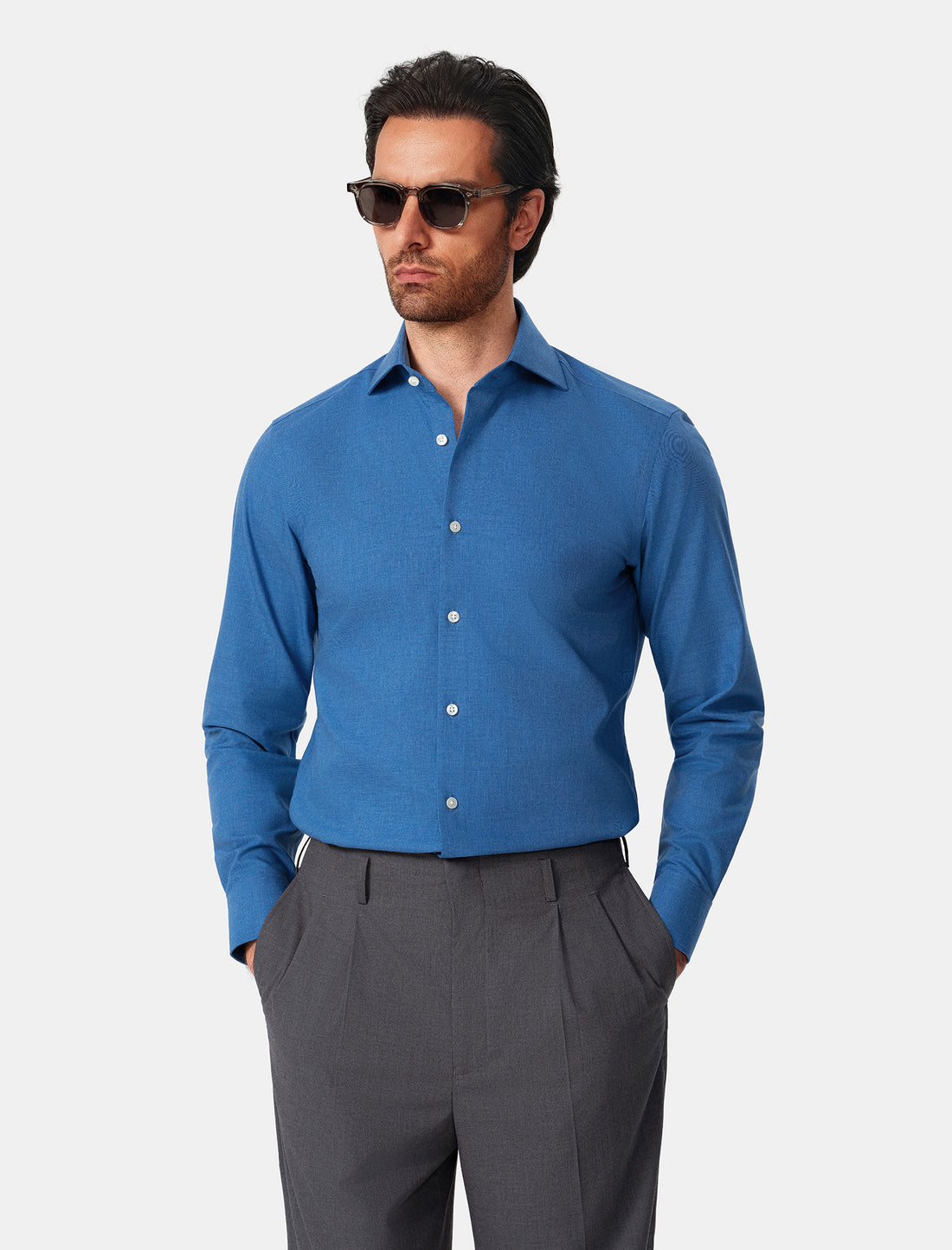 Bellamy Cornflower Heather Easy-Iron Twill Shirt - cornflower blue styled detail - OTAA
