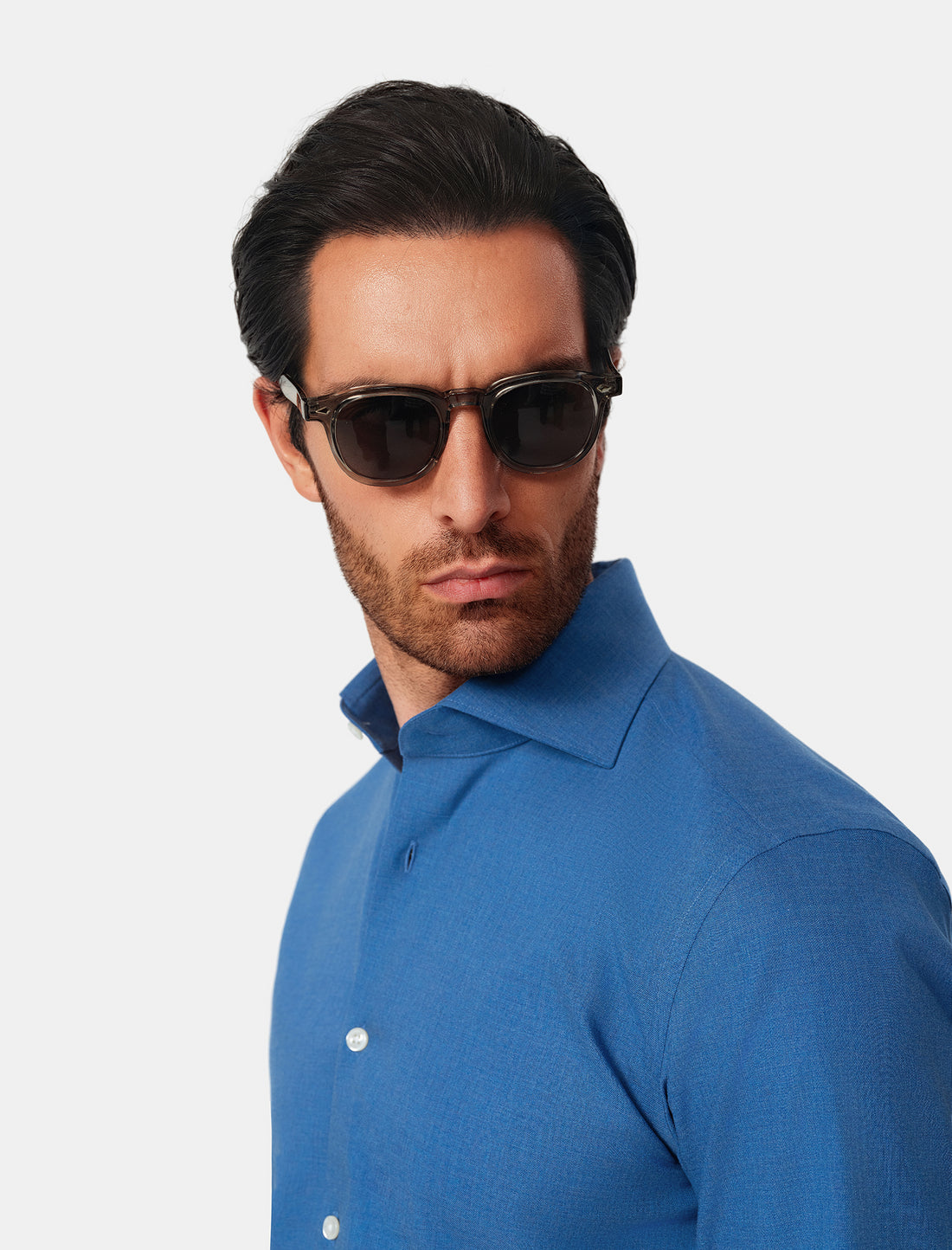 Bellamy Cornflower Heather Easy-Iron Twill Shirt - cornflower blue worn detail - OTAA
