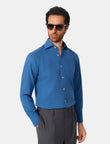 Bellamy Cornflower Heather Easy-Iron Twill Shirt - cornflower blue heather outfit view - OTAA