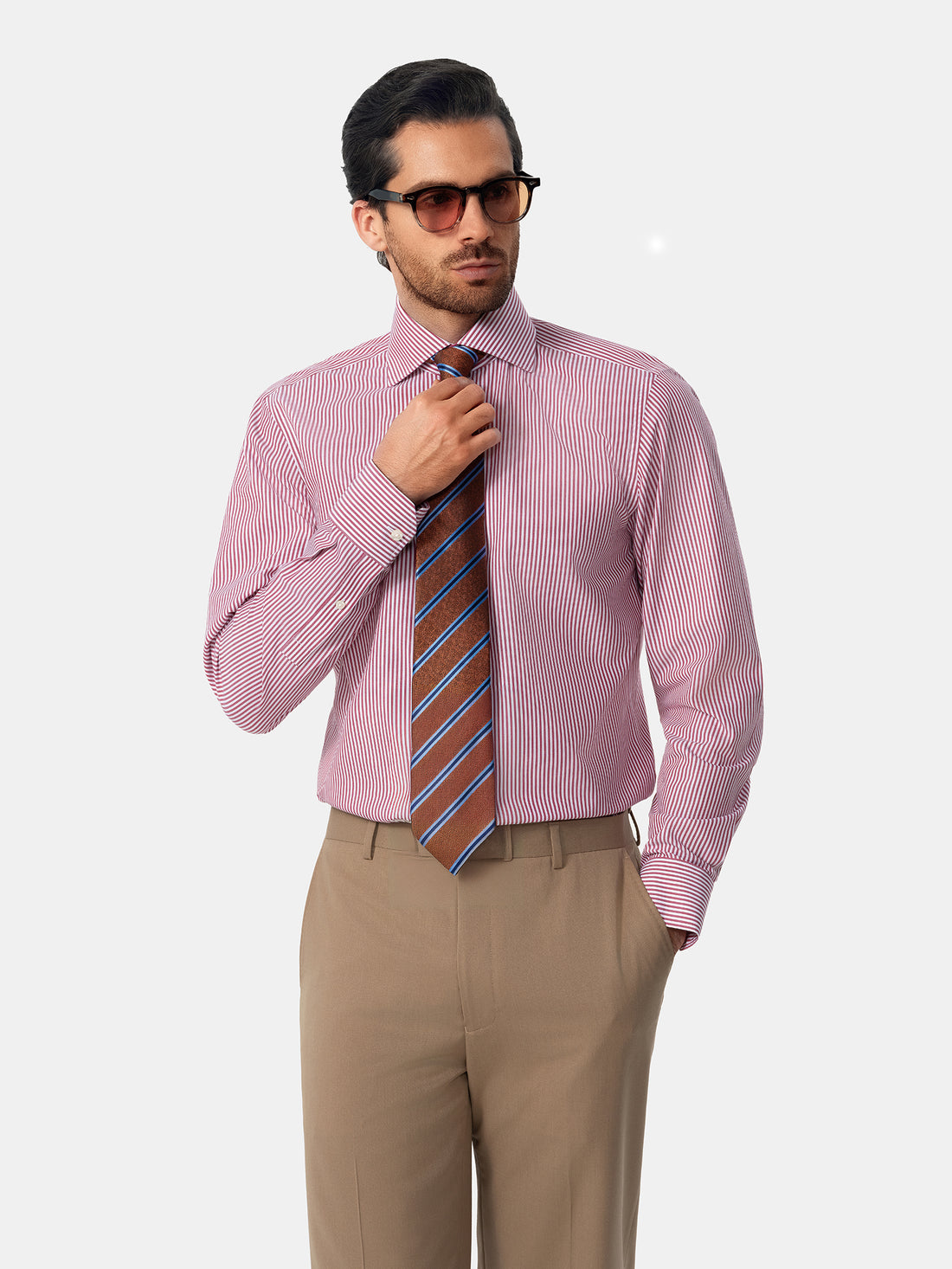 Redford Crimson Stripe Non-Iron Poplin Shirt - model detail, crimson stripe poplin - OTAA