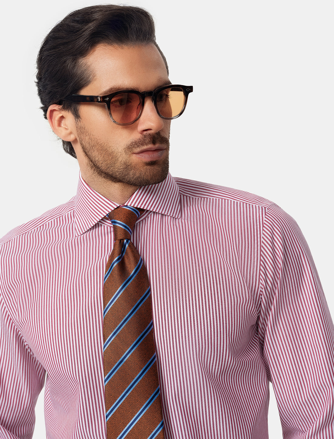 Redford Crimson Stripe Non-Iron Poplin Shirt - styled on model, crimson and ivory stripe - OTAA