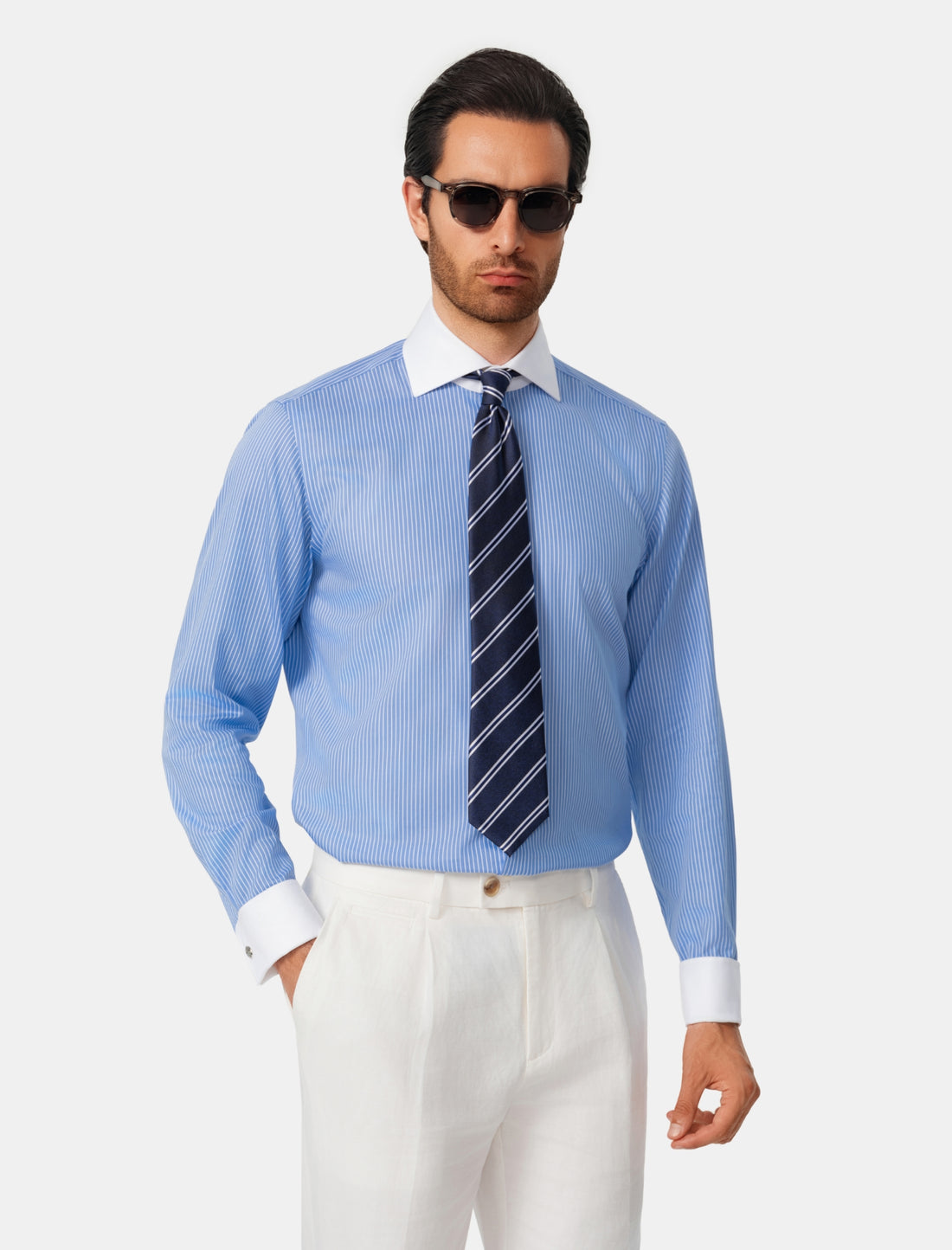 Beaufort Riviera French Cuff Non-Iron Dobby Shirt - azure stripe dobby worn view - OTAA