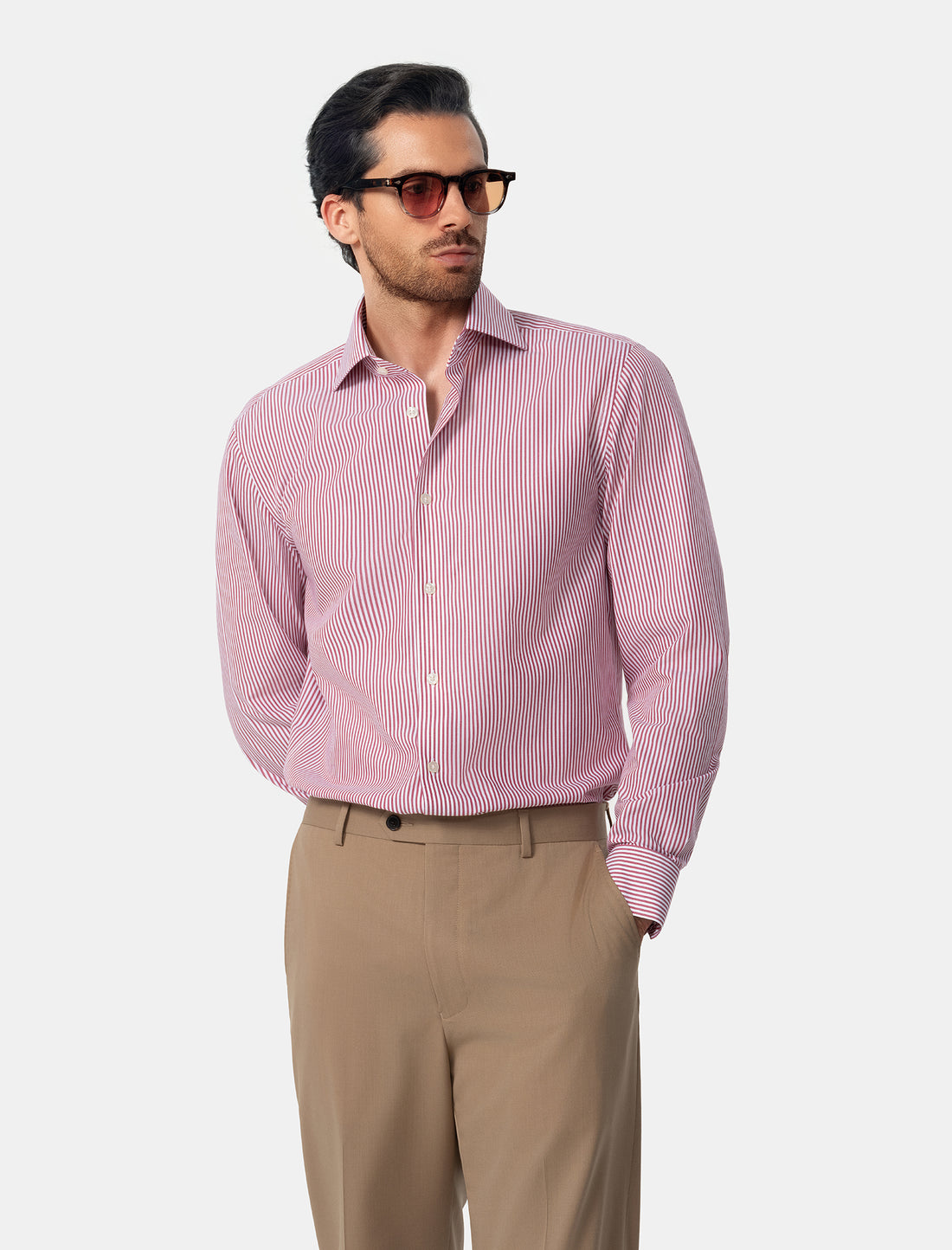 Redford Crimson Stripe Non-Iron Poplin Shirt - crimson stripe worn view - OTAA