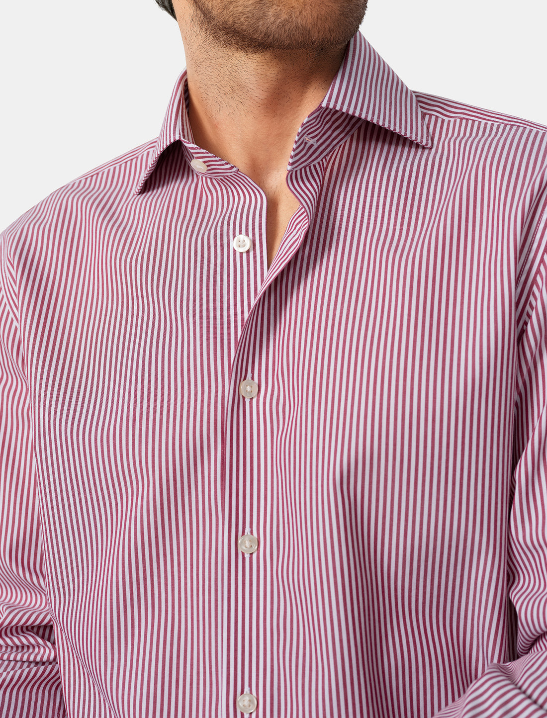 Redford Crimson Stripe Non-Iron Poplin Shirt - crimson stripe detail view - OTAA