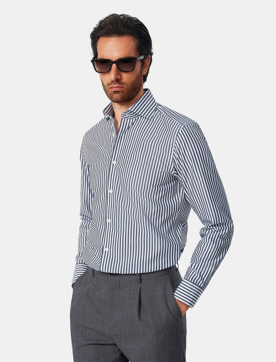 Whitmore Ebony Stripe Easy-Iron Poplin Shirt - model detail, black and white stripe - OTAA