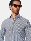 Whitmore Ebony Stripe Easy-Iron Poplin Shirt - styled on model, ebony stripe - OTAA