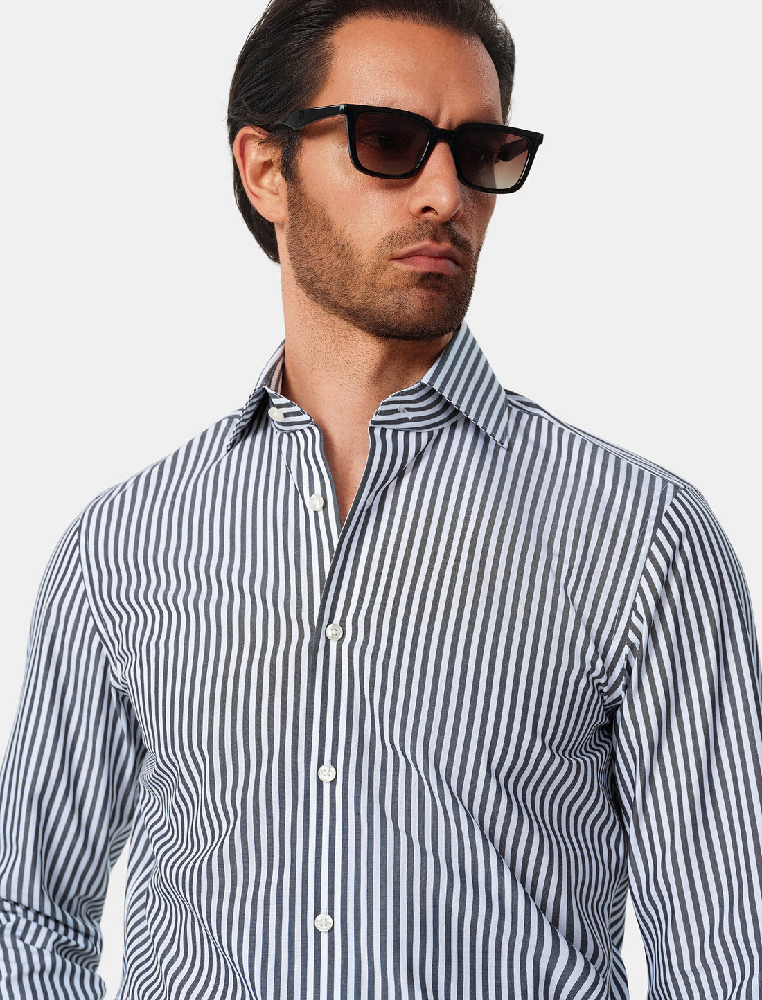 Whitmore Ebony Stripe Easy-Iron Poplin Shirt - styled on model, ebony stripe - OTAA