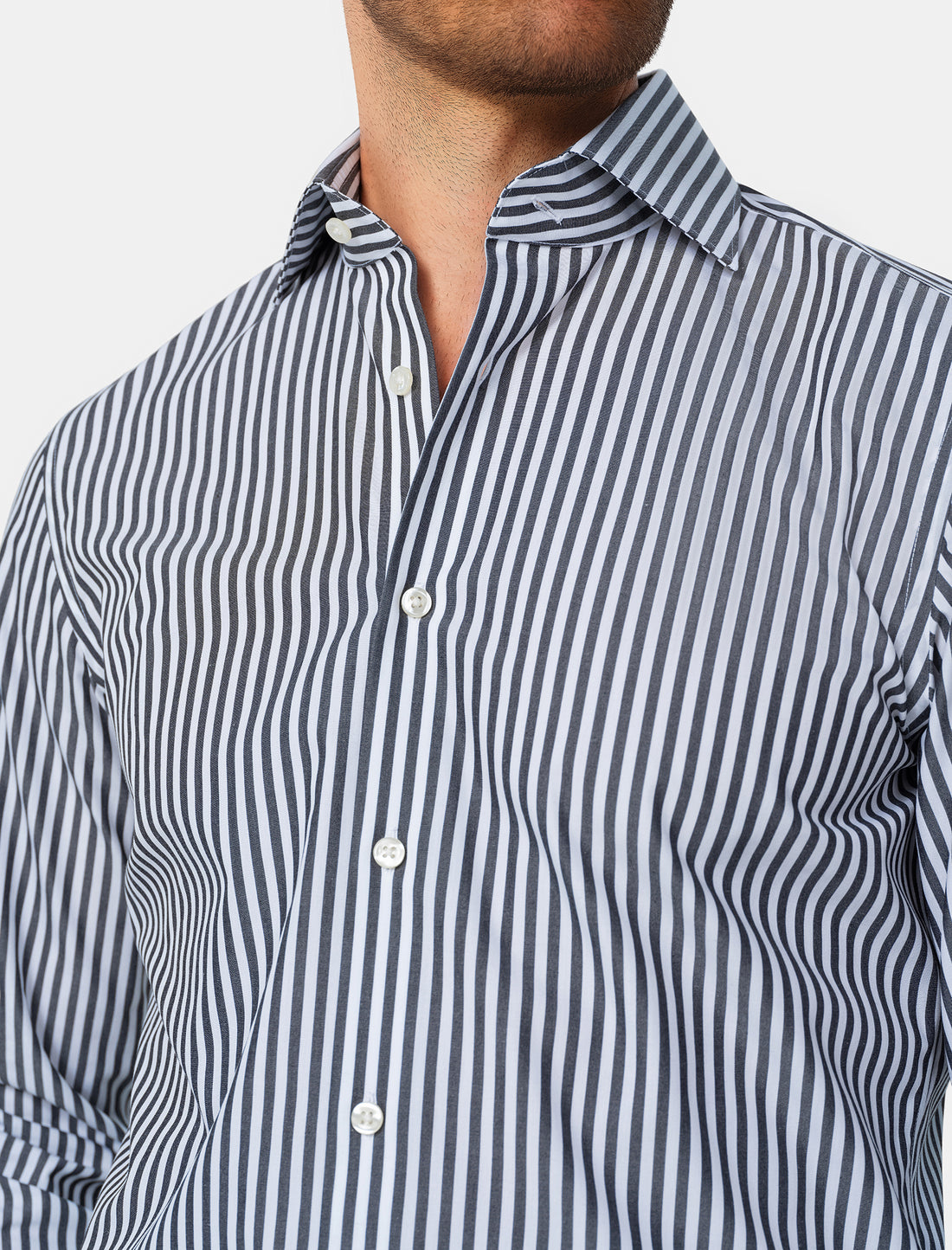 Whitmore Ebony Stripe Easy-Iron Poplin Shirt - ebony stripe worn detail - OTAA