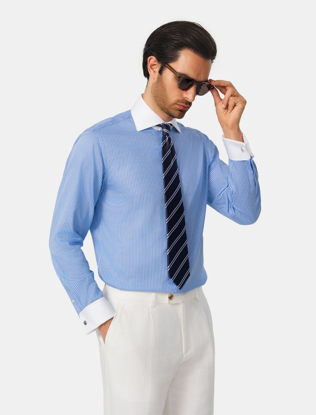 Beaufort Riviera French Cuff Non-Iron Dobby Shirt - azure stripe dobby outfit view - OTAA