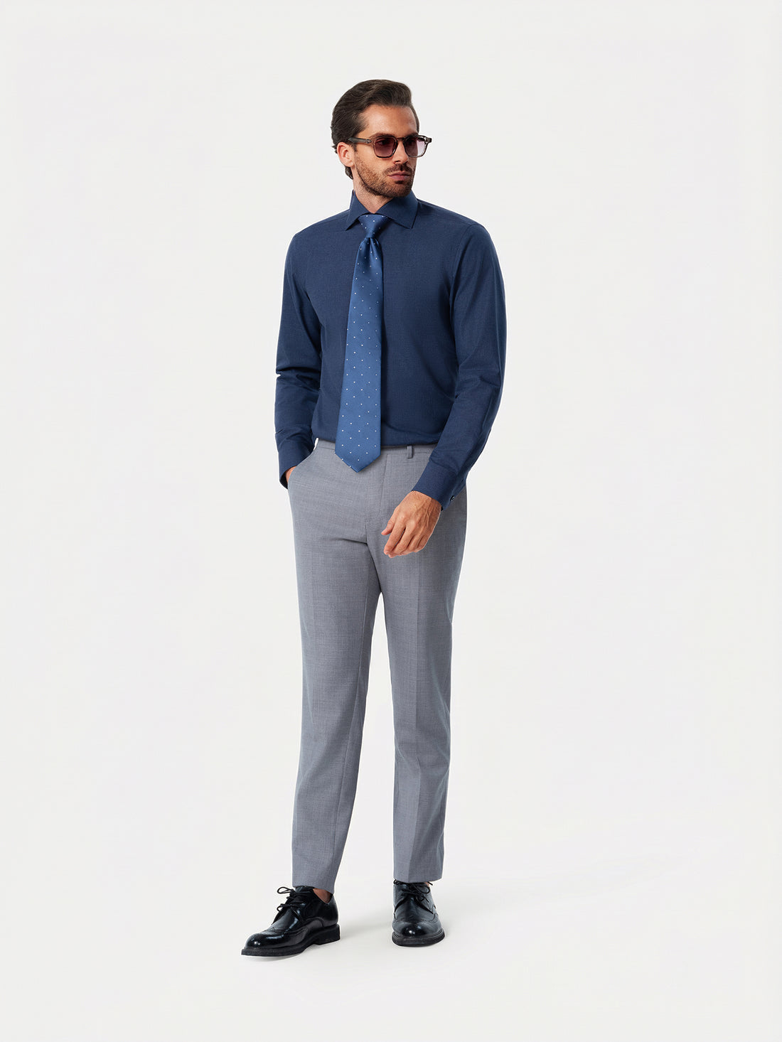 Pelham Admiral Heather Easy-Iron Twill Shirt - navy heather twill outfit view - OTAA